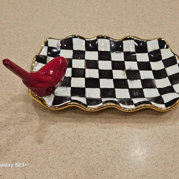 MACKENZIE CHILDS CARDINAL COURTLY CHECK AURORA CERAMIC TRAY RING HOLDER DISH - Picture 5 of 13